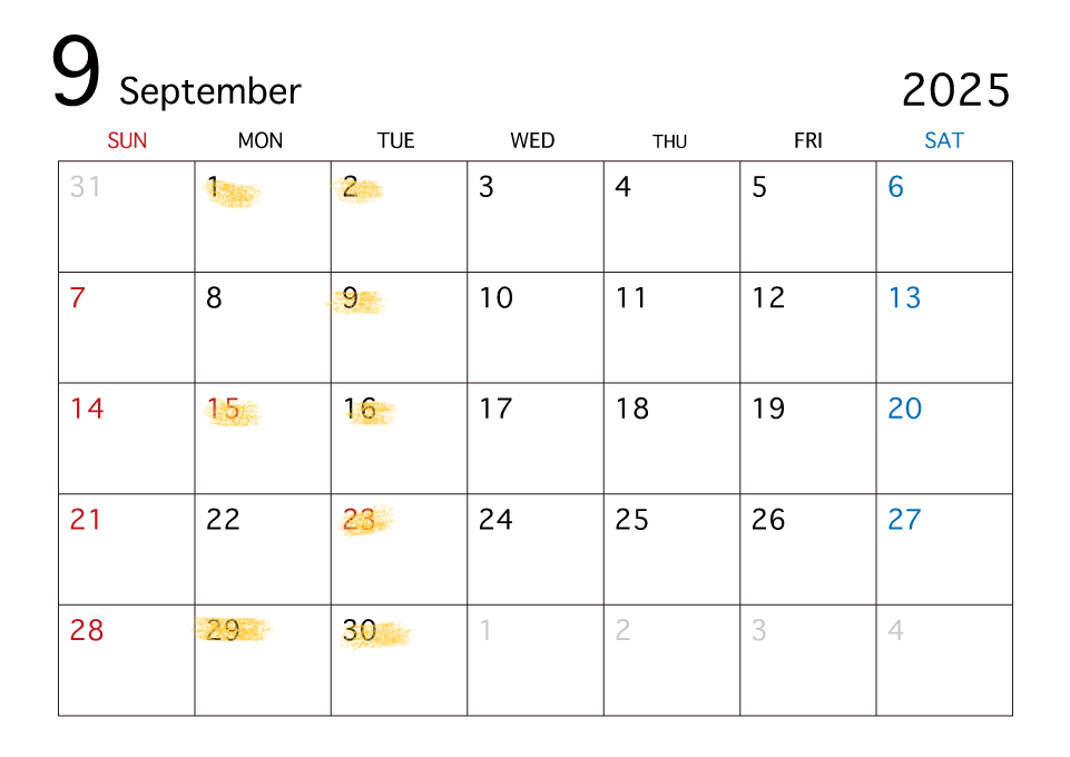 ■9月定休日のお知らせ ※営業時間変更のお知らせ
